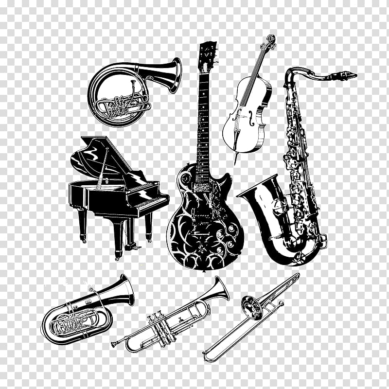 Musical Instruments Music Tuba, Eight black and white hand-painted musical instruments transparent background PNG clipart
