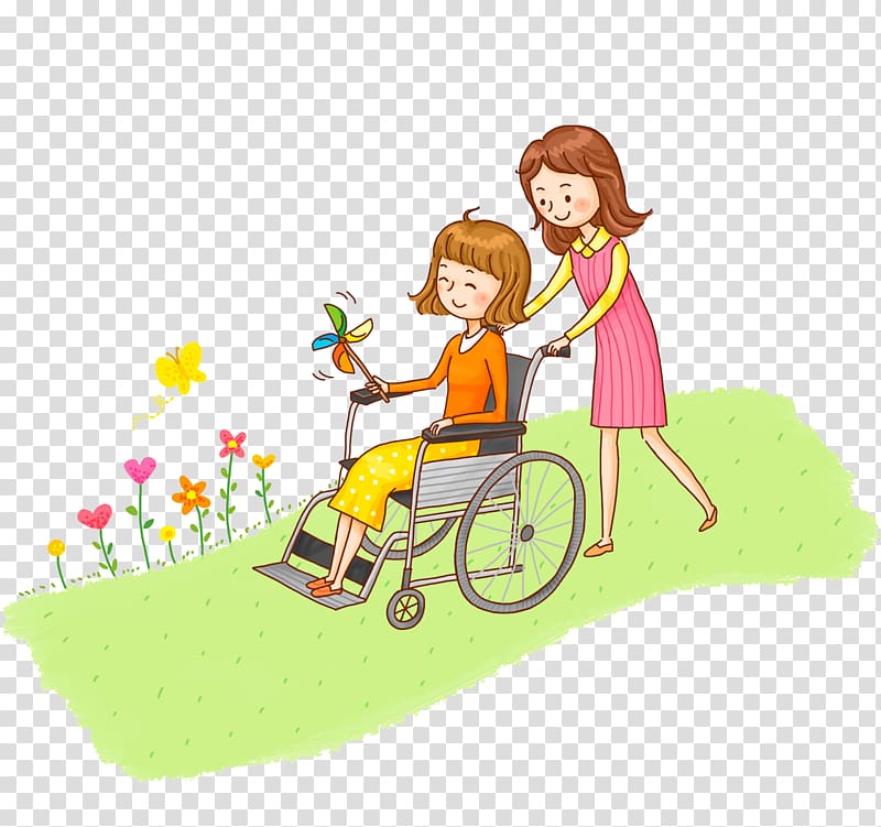 Wheelchair Disability Illustration, A man pushing a wheelchair transparent background PNG clipart