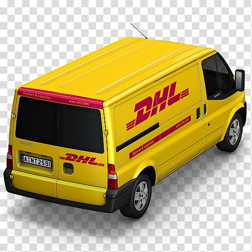 yellow and red DHL delivery van, commercial vehicle compact van car brand, DHL Van Back transparent background PNG clipart