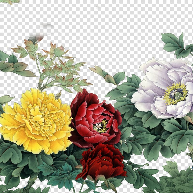 red, yellow, and white petaled flowers illustration, Gongbi Moutan peony Chinese painting Shan shui, peony transparent background PNG clipart
