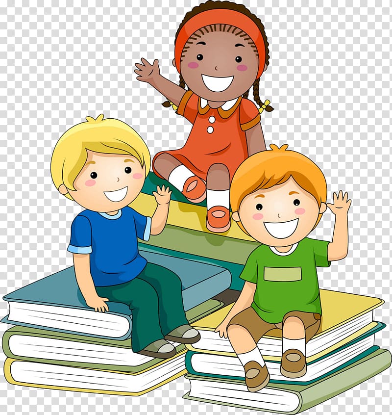 three children sitting on books illustration, Learning Child Education , Wave goodbye transparent background PNG clipart