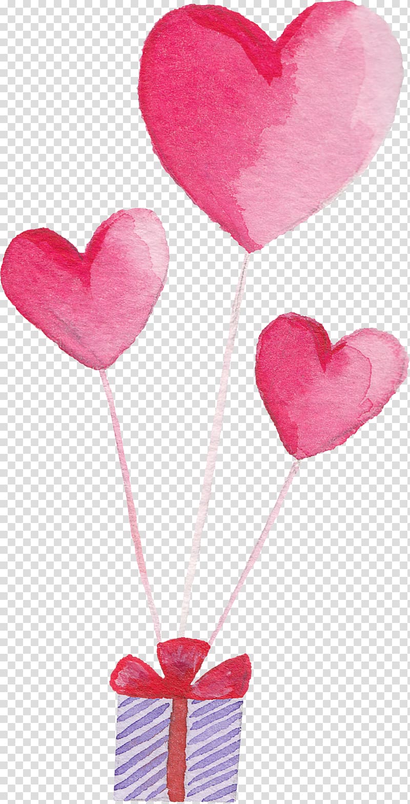 pink hearts illustration, Balloon Heart Cartoon Watercolor painting Pink, Peach heart and gift box transparent background PNG clipart