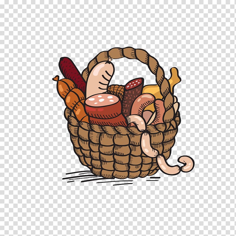 Basket Cartoon Drawing , Hand-painted basket of bread transparent background PNG clipart