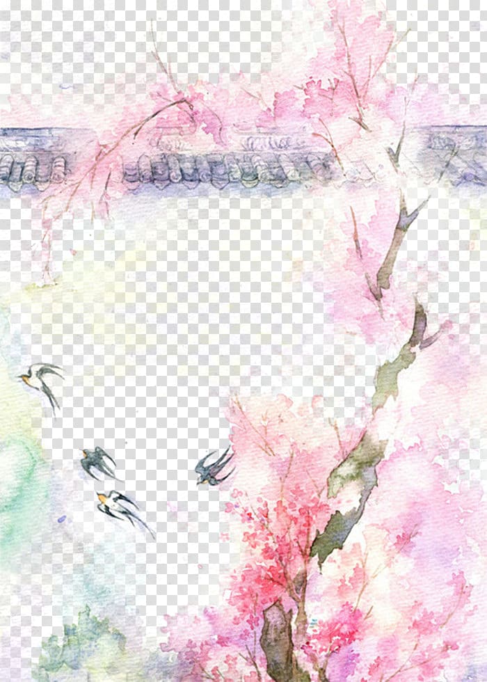 pink flowering tree background template, Watercolor painting Drawing, Antiquity beautiful watercolor illustration transparent background PNG clipart