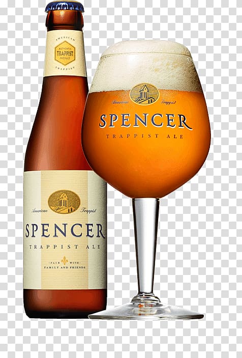 Spencer beer bottle with drinking glass, Spencer Trappist Ale USA transparent background PNG clipart