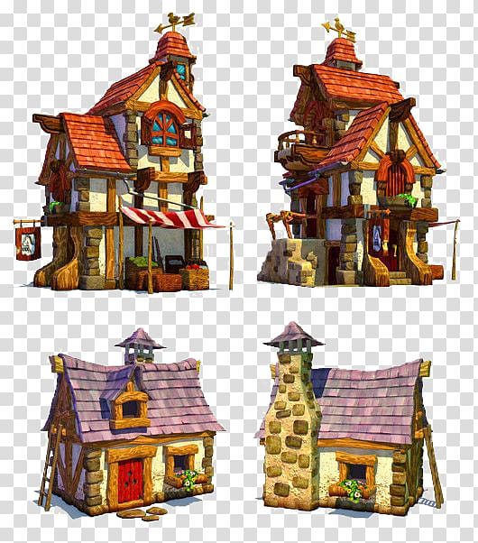 collage of four assorted-color country house arts, Castle Storyu2122 Paradise City Island Sim Bay: City Building Games Art, house transparent background PNG clipart