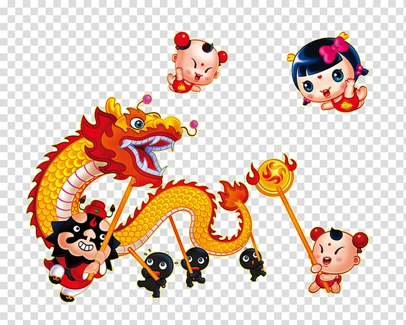 China Lion dance Dragon dance Chinese New Year, Free cartoon lion and dragon pull material transparent background PNG clipart