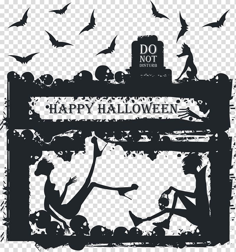 Halloween Greeting card Illustration, Black Skull transparent background PNG clipart