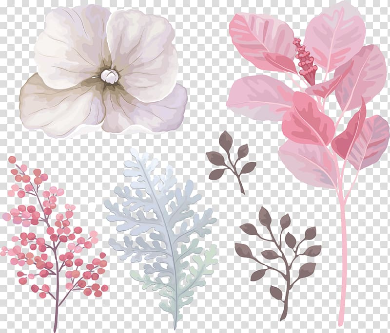 white and pink leaves and flower art, Bird European robin Flower Watercolor painting, Spring green leaves transparent background PNG clipart