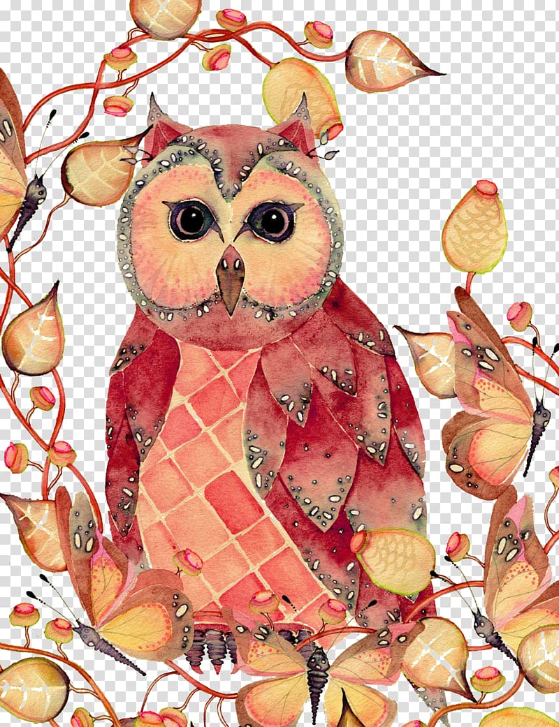 Owl Watercolor painting Drawing Sketch, Owl with leaves transparent background PNG clipart