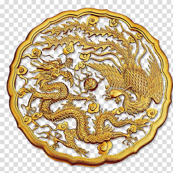 round gold-colored dragon and bird wall decor, China Fenghuang Chinese dragon Phoenix Chinese mythology, Dragon and Phoenix transparent background PNG clipart