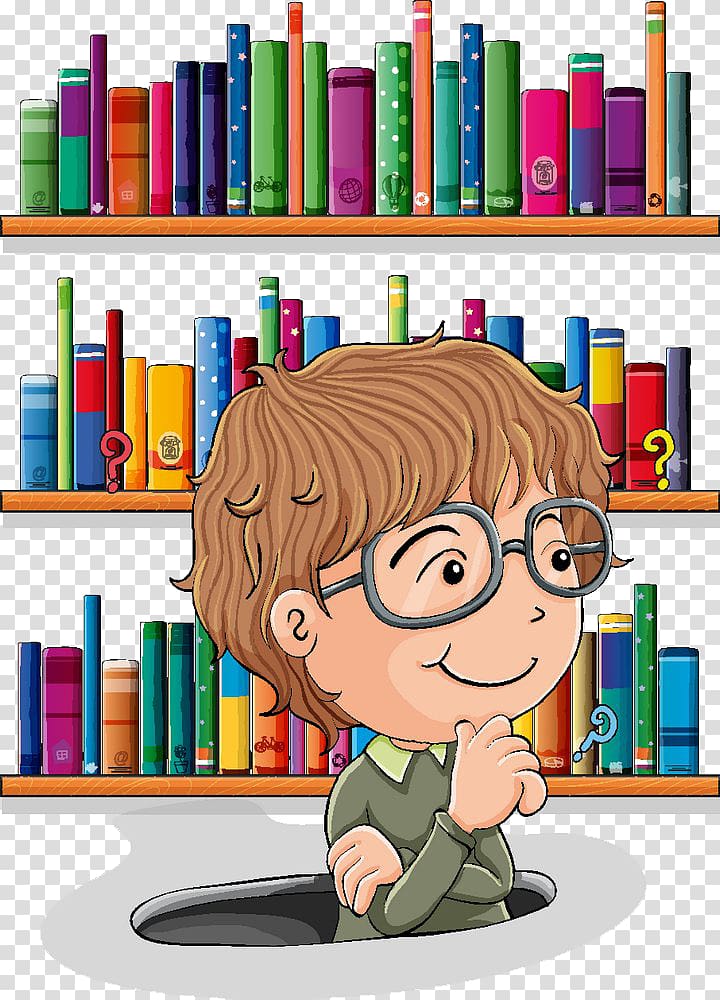 illustration of man wearing glasses, Library , Thinking cartoon children transparent background PNG clipart