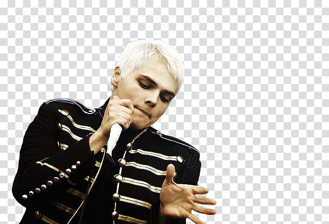 man holding microphone wearing black and brown coat, My Chemical Romance Singer transparent background PNG clipart