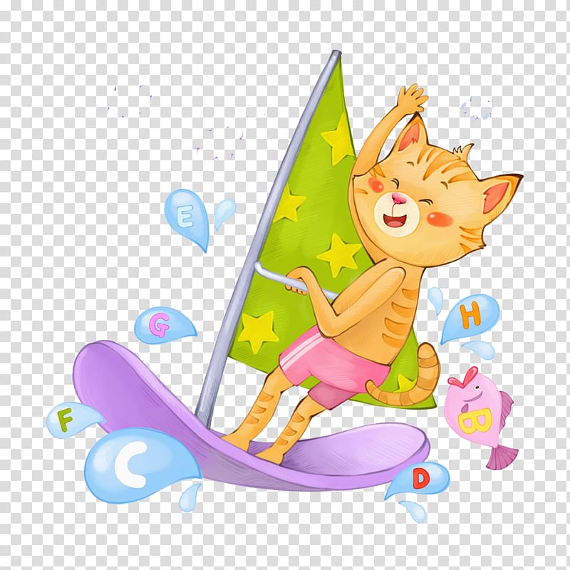 Cat Cartoon Illustration, Surfer cat transparent background PNG clipart