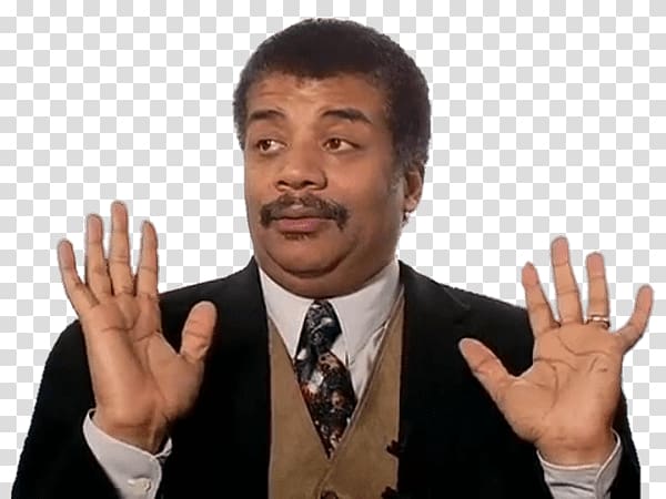 man wearing black suit jacket with his hands up, Neil Degrasse Tyson Reaction transparent background PNG clipart