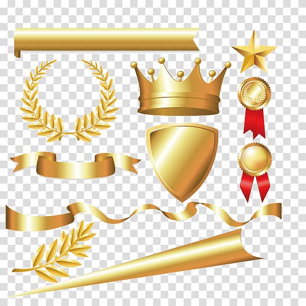 gold sword, shield, medals, star, ribbon illustration, Laurel wreath Crown Bay Laurel Euclidean , Metal material,Tyrant gold,Imperial crown,Colored ribbon,label transparent background PNG clipart