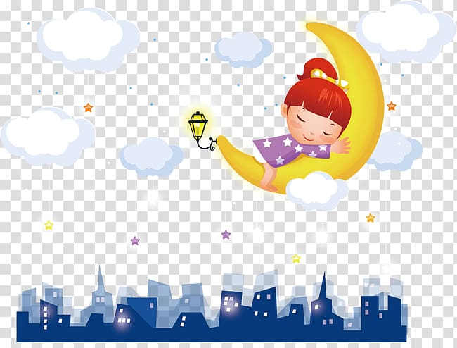 girl sleeping on moon artwork, Cartoon Illustration, Sleeping on the moon a little girl transparent background PNG clipart