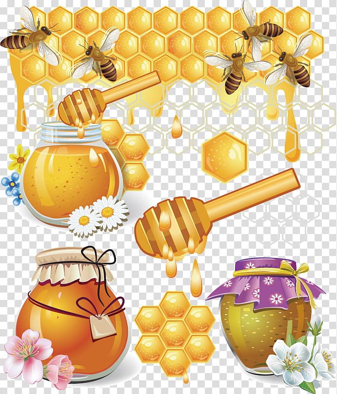 honey containers and bees illustration, Honey bee Honeycomb, Bees and Honey Creative transparent background PNG clipart