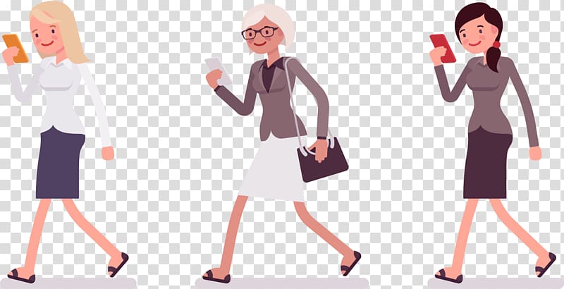 three woman walking while holding phone , Walking Animation Cartoon Illustration, Woman,walks transparent background PNG clipart