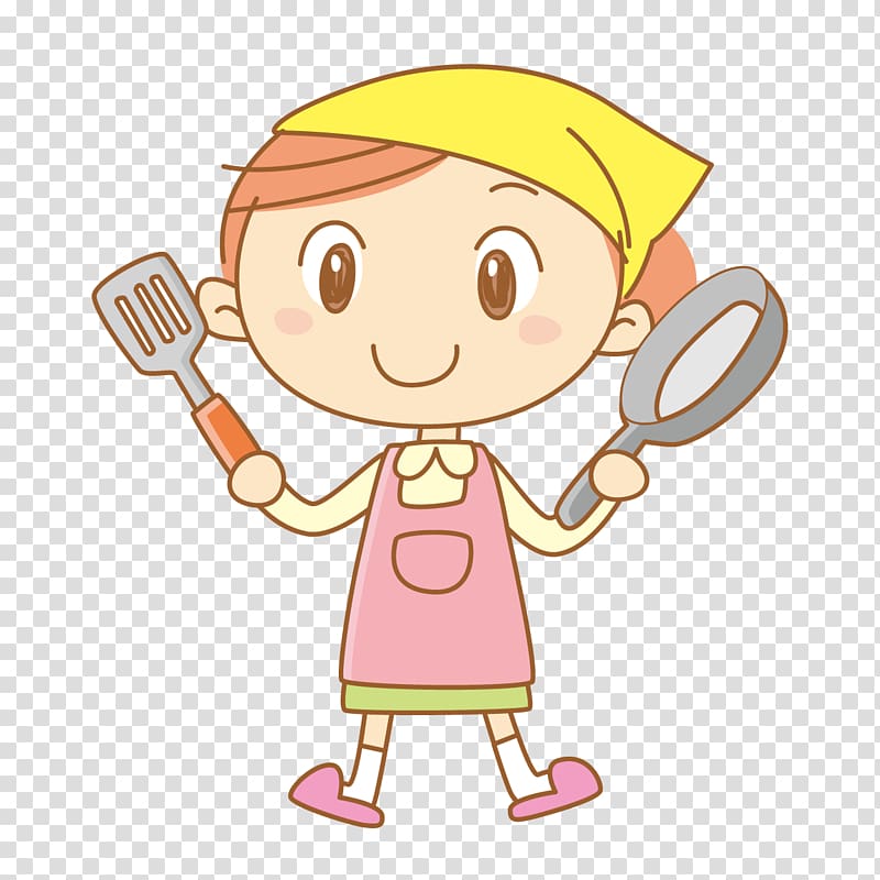 woman holding frying pan , Cooking Illustration, Cute little boy kitchen transparent background PNG clipart