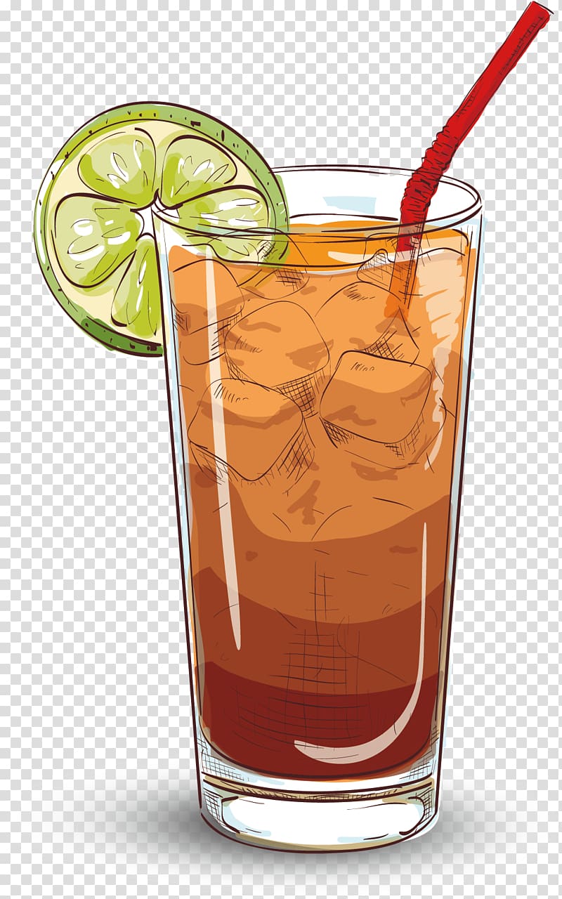 brown liquid inside glass with ice cubes and sliced lime and straw illustration, Long Island Iced Tea Cocktail Rum Gin, Creative Juices transparent background PNG clipart