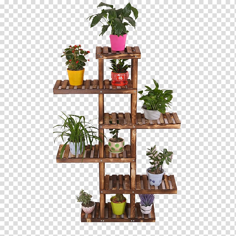 brown wooden rack filled with plant pots, Flowerpot Shelf, Flower pot transparent background PNG clipart