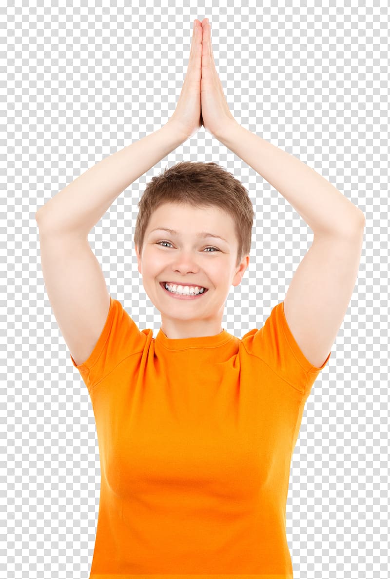 Woman, Happy Woman Joining Her Palms Together transparent background PNG clipart