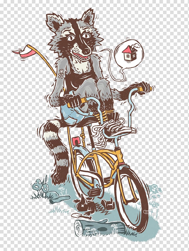 Cartoon Raccoon Illustration, Cycling raccoon transparent background PNG clipart