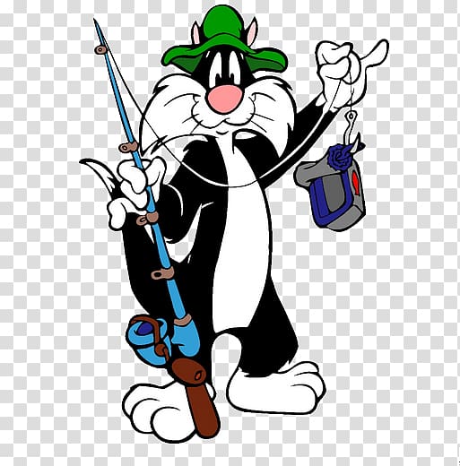 Sylvester Tweety Bugs Bunny Woody Woodpecker Cartoon, Black and white cat holding a fishing rod transparent background PNG clipart