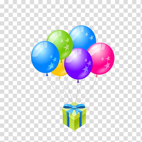 green gift box with balloons , Birthday cake Balloon Party , colorful balloons transparent background PNG clipart