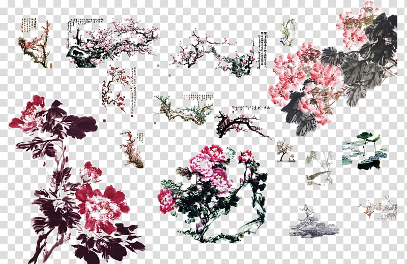 Ink wash painting Chinoiserie Chinese painting Art, Plum elements Collection transparent background PNG clipart