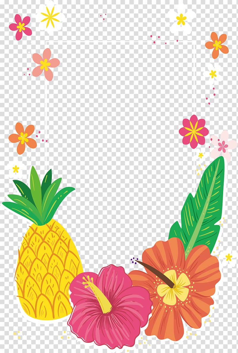 assorted petaled flowers and pineapple , Tropical colored flower decorative frame transparent background PNG clipart