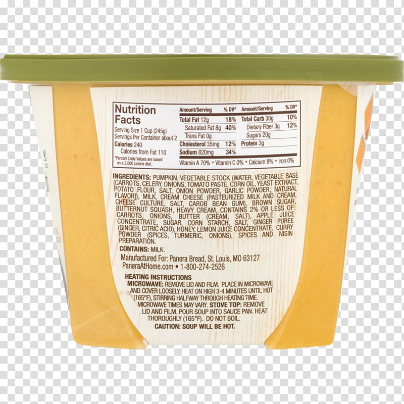 Squash soup Panera Bread Nutrition facts label, spiced powder transparent background PNG clipart