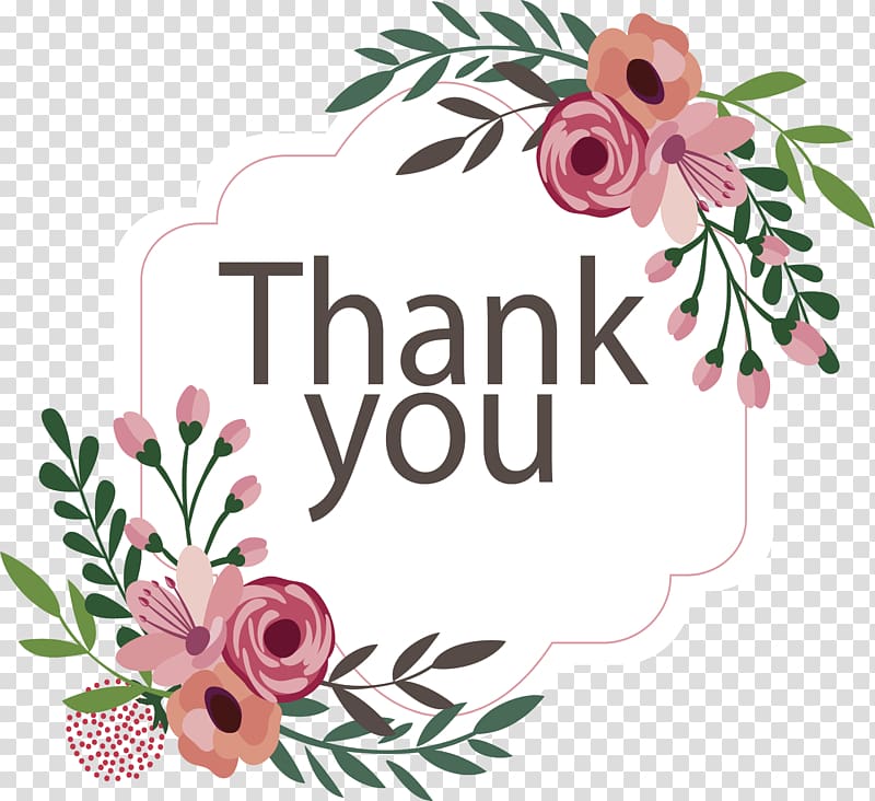thank you greeting with floral frame illustration, Diagonal decorative flower borders transparent background PNG clipart