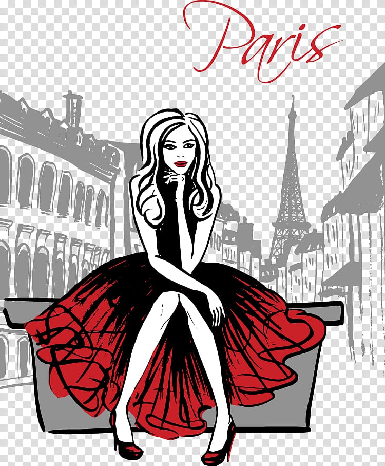 Paris Drawing Illustration, Women red dress transparent background PNG clipart