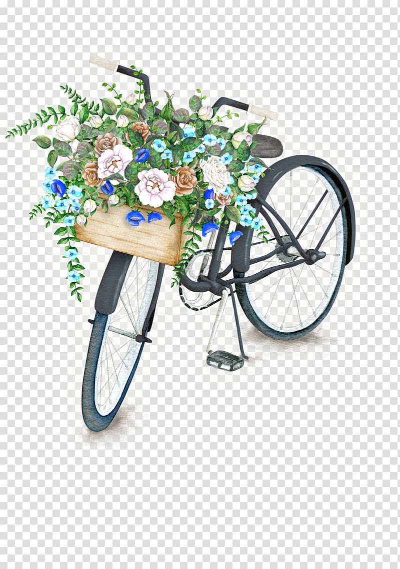 black bicycle with flowers illustration, Bicycle Watercolor painting Flower Illustration, HD literary retro flower filled bike transparent background PNG clipart