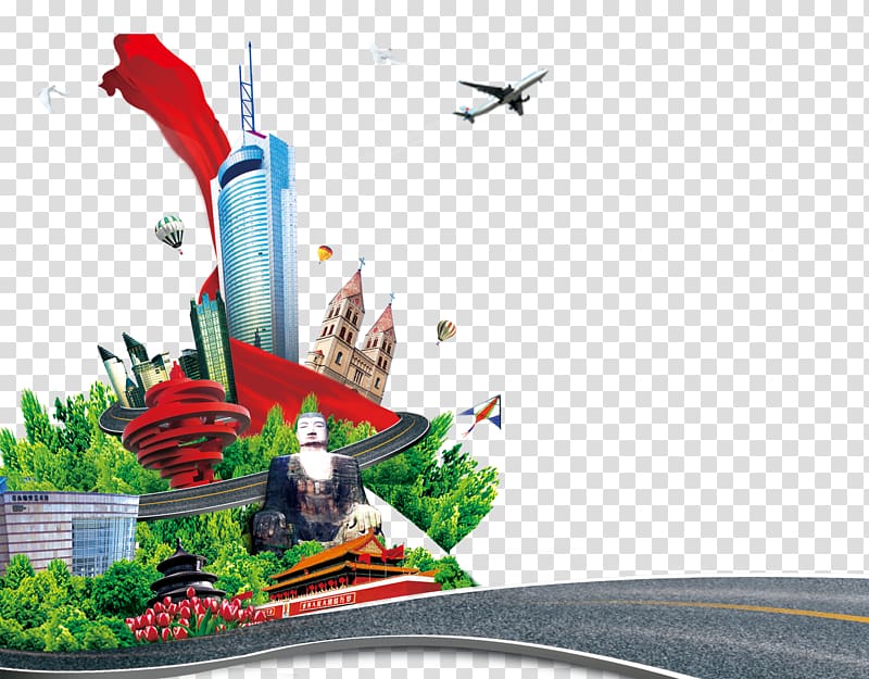 high rise buildings and airplane illustration, Air travel Poster Tourism, Creative Travel transparent background PNG clipart