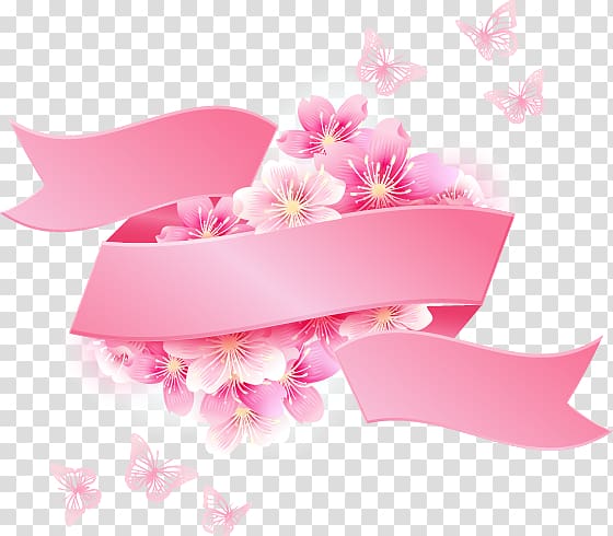 white and pink petaled flowers , Cherry blossom Flower, Cherry ribbon banner transparent background PNG clipart