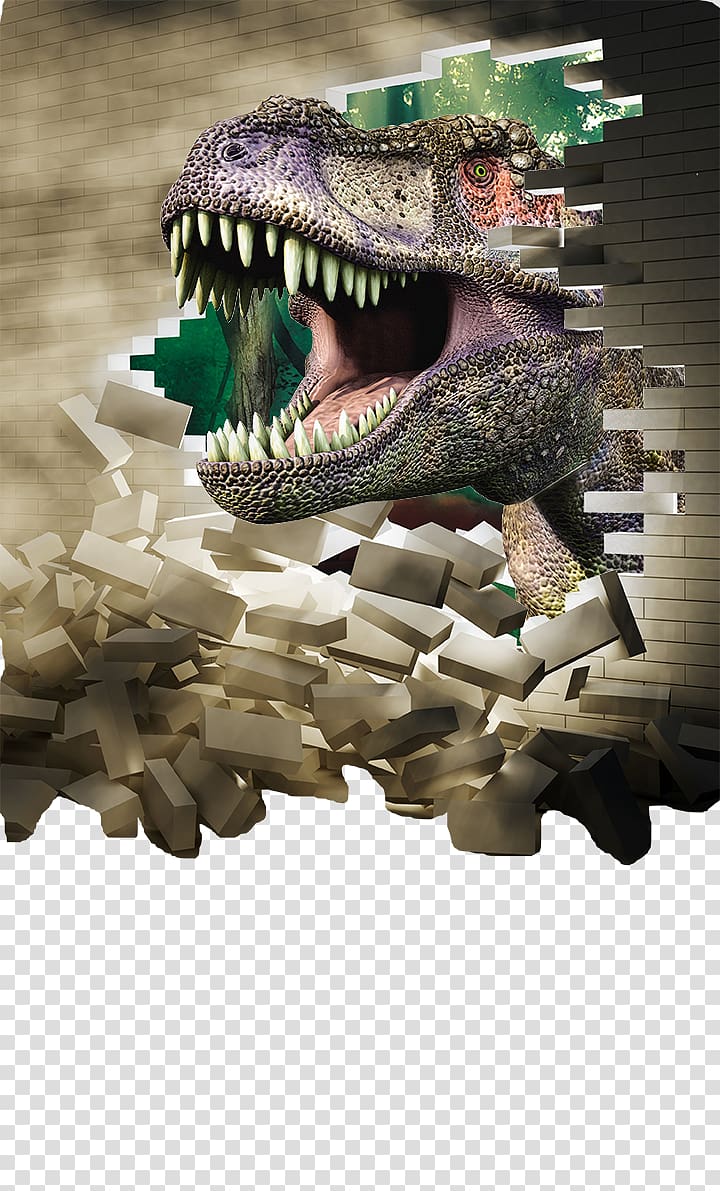 dinosaur breaking brick wall illustration, Wall decal Three-dimensional space Sticker Decorative arts , dinosaur transparent background PNG clipart