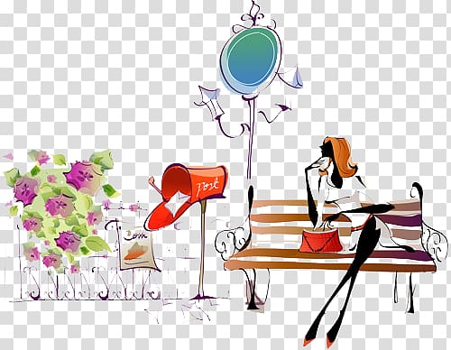 Cartoon Illustration, Fashionable women sitting beside the inbox transparent background PNG clipart