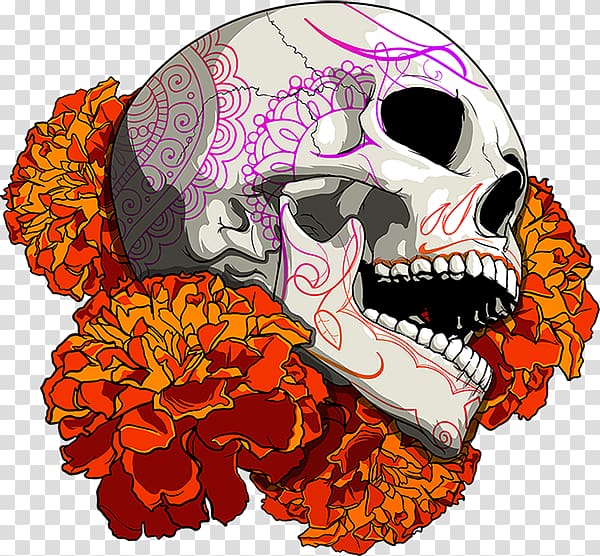 sugar skull with flowers illustration, Calavera Mexican marigold Day of the Dead Skull, color skull transparent background PNG clipart