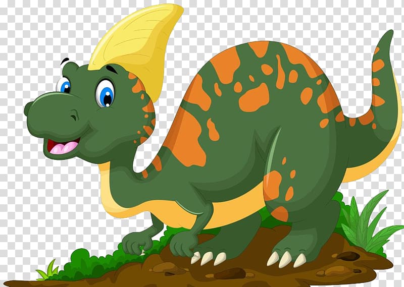 green and orange dinosaur illustration, Parasaurolophus Tyrannosaurus Triceratops Reptile Dinosaur, Cartoon dinosaurs transparent background PNG clipart