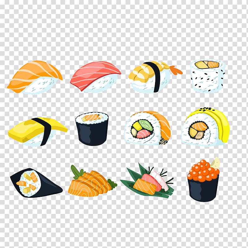assorted Japanese food illustration, Sushi Japanese Cuisine Sashimi Onigiri Fusion cuisine, Japanese sushi collection transparent background PNG clipart