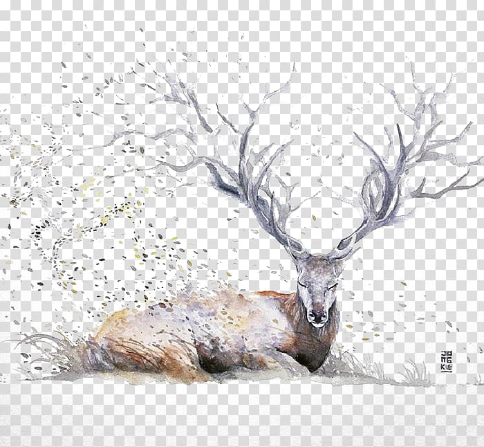 leafless tree illustration, Watercolor painting Drawing Artist Illustration, Ink deer transparent background PNG clipart
