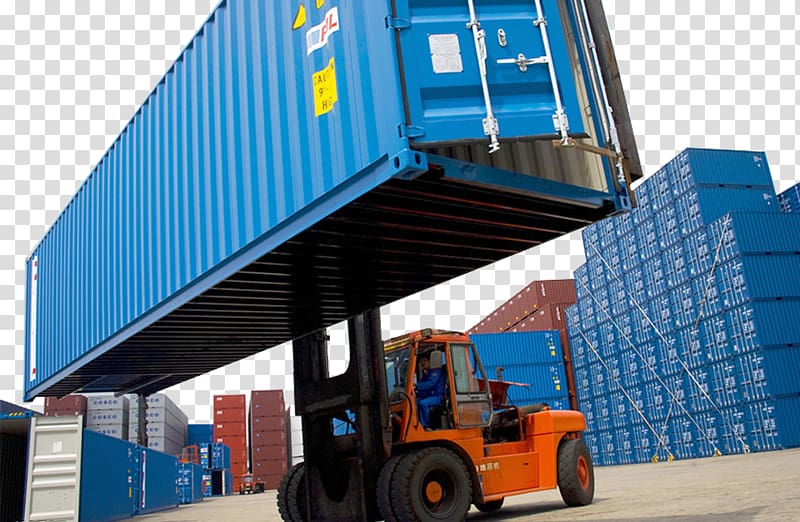 Red And Black Forklift Lifting Blue Ship Container Cargo Intermodal Container Container Port Logistics Pacific Container Ports Transparent Background Png Clipart Hiclipart