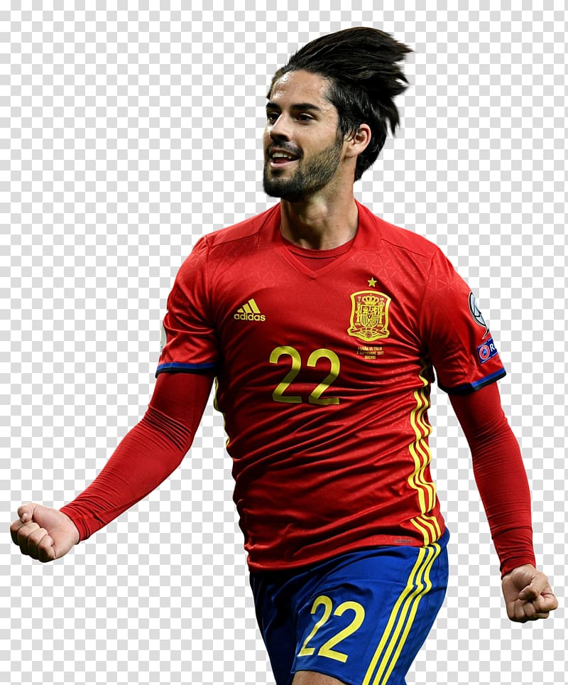 soccer player wearing red adidas jersey with number 22, Isco Spain national football team 2018 FIFA World Cup Football player, Isco transparent background PNG clipart
