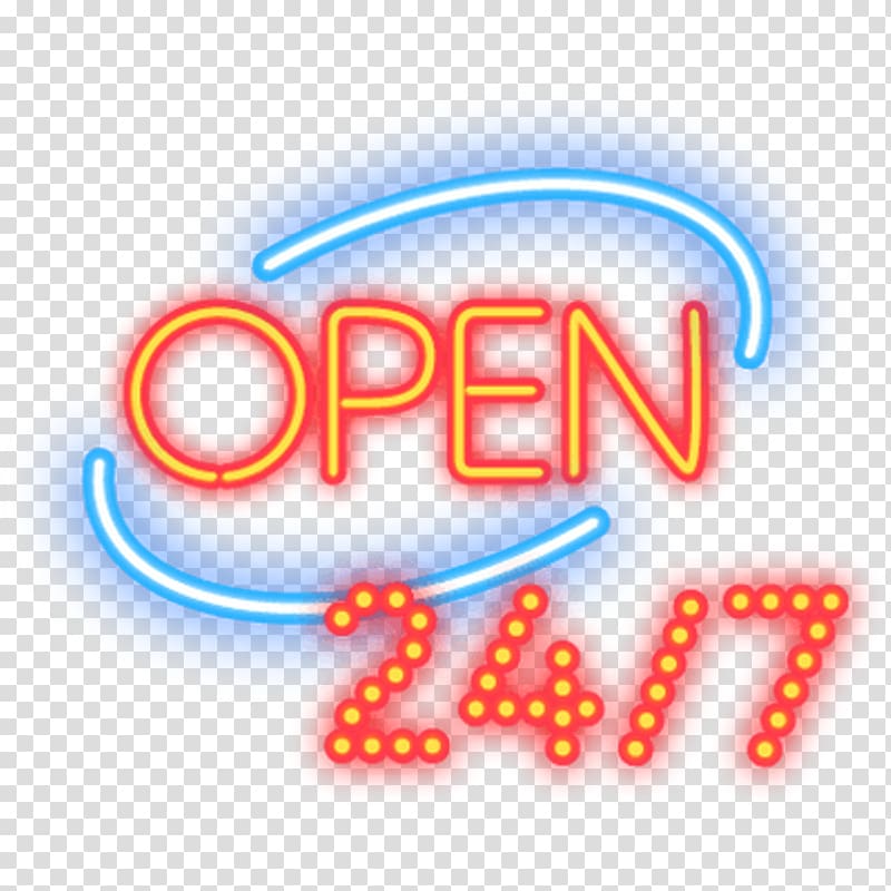 Open 24/7 neon signage, Light Neon sign , hollywood sign transparent background PNG clipart