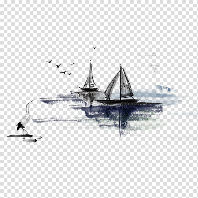 sailboat illustration, China Ink wash painting Ink brush Illustration, Ink flower boats transparent background PNG clipart