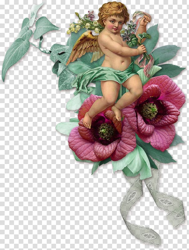 cherub and red flowers art, , Angel child transparent background PNG clipart