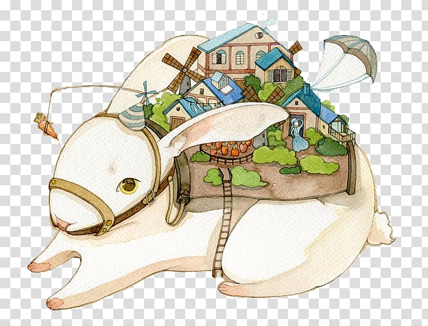 Watercolor painting Town Illustration, Rabbit carrying a small town transparent background PNG clipart